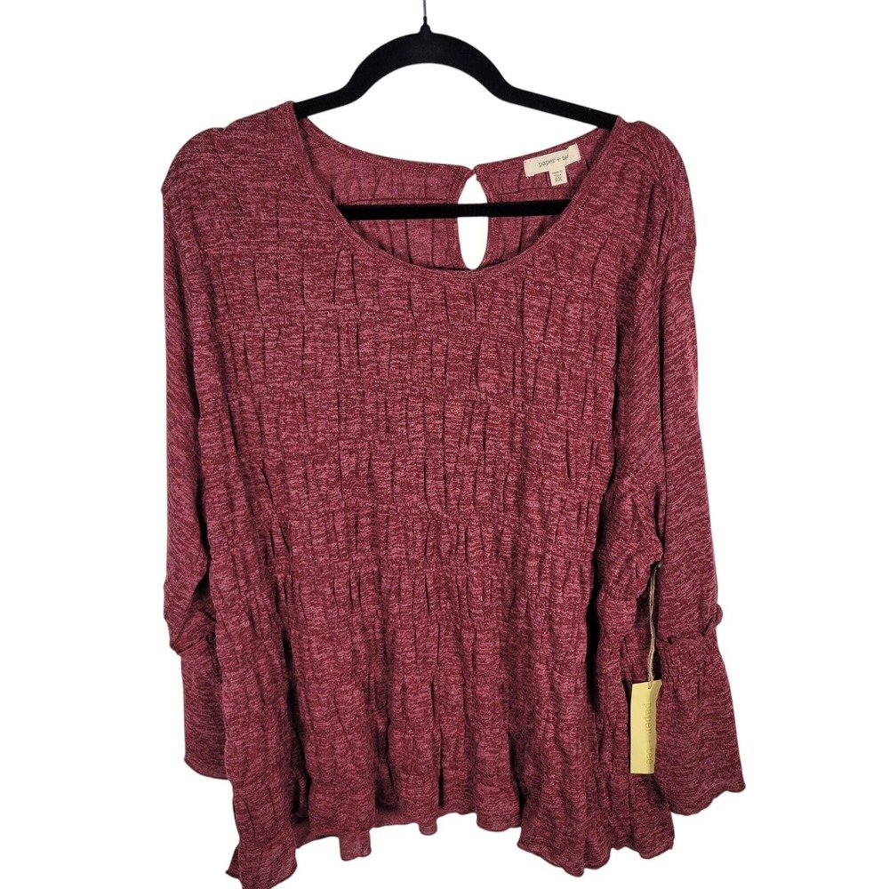 NWT Paper + Tee Top Womens Size 2x Red Ruched Blouse Keyhole‎ Back Bell Sleeves